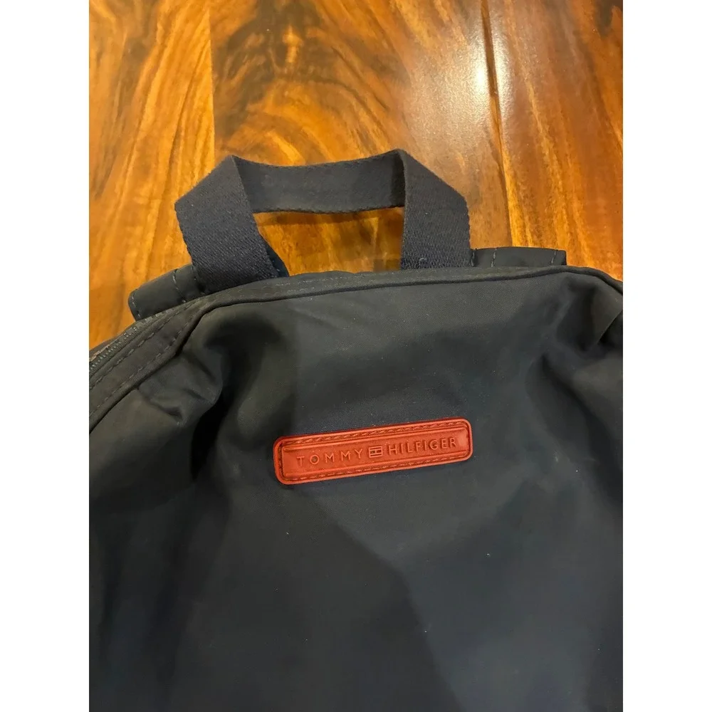 Tommy Hilfiger Navy Blue Nylon Backpack‎ Red Logo Patch Front Zip Pocket Travel